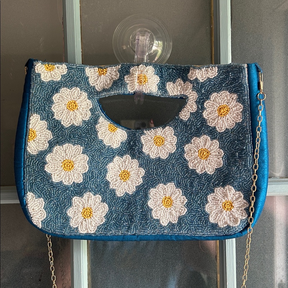 Altar'd State Lulu Beaded Daisy Clutch Blue Satin Floral Crossbody Clutch Purse